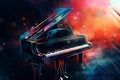 Abstract background illustration of a piano with grunge noise and colorful texture. Music industry theme. Generative AI