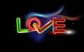 Abstract background inscription love with heart neon radiant effect. Multicolor holiday design, night art illumination. Space
