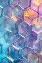 Abstract background, An iridescent background made of translucent, overlapping hexagons and diamonds draws focus to the central