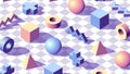 Abstract background with isometric 3D shapes on checkered floor. Minimalistic vaporwave styled pale blue and pink colors