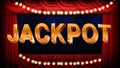 Background of jackpot text sign with light bulbs and red stage