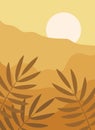 Abstract background with landscape. Mountains and sun. Aesthetic and minimalistic art print made in a modern style.