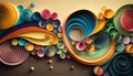 Abstract background made of colored paper scrolled into curls and rolls. Quilling paper art. Generative AI