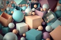 Background of cubes of rectangles and balls of different sizes in pastel colors created with Generative AI technology