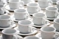 A lot of rows of pure white cups with plates for coffee or tea break Royalty Free Stock Photo