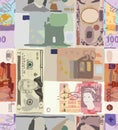 Abstract Background with Money banknotes of different countries. US dollar, British pound sterling, Japanese yuan