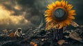 Abstract background: a monkey with a clock, on the trunk of a sunflower, on black earth, AI generated