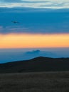 Abstract background, Mountain scenery with mist clouds and flight lonely bird in the dawn. Dawn mountains have become impressive