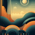 Abstract background with mountains, clouds and sun. Simplified landscape. Abstract digital painting. Background in the