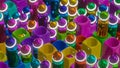 Abstract background of multicolored cylinders with spheres sticking out of cubes and with holes. 3d render illustration Royalty Free Stock Photo