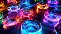 Abstract background, multicolored neon glowing circles, balls shapes on black, modern art wallpaper