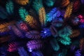 Abstract background of multicolored tropical palm leaves in neon light. Generative AI