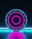 Abstract background with neon circles. Abstract background round portal pink blue.