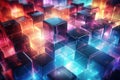 Abstract background, neon glowing cubes. Background for the site, applications. AI generative