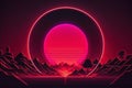 Abstract background with neon red circle in the center. Synthwave , polycount, retrofuturism, retrowave, outrun, Retro cyberpunk