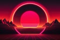 Abstract background with neon red circle in the center. Synthwave , polycount, retrofuturism, retrowave, outrun, Retro cyberpunk