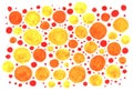 Abstract background of orange yellow red circles, suns, and dots. Warm grunge texture. Children, sketch, doodle, hand drawn