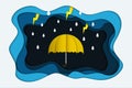 Abstract background Origami Paper Art Rain season with storm lightning umbrella , illustration vector Royalty Free Stock Photo