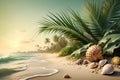 abstract background of palm leaves, sand, shells on the background of the sea.