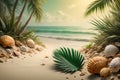 abstract background of palm leaves, sand, shells on the background of the sea. Royalty Free Stock Photo