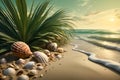 abstract background of palm leaves, sand, shells on the background of the sea. Royalty Free Stock Photo