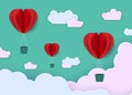 Abstract background in paper style. Red hearts, balloons on a green background Royalty Free Stock Photo