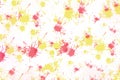 Abstract background with patches of red and yellow paint. Contemporary art. Draw spots on a white background. Overlay