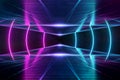 Abstract background pathway leading to blue and pink neon light circle reflecting on the floor 3D rendering