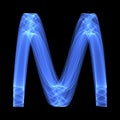 Abstract background pattern. Bright blue letter M on the black background.