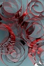 Abstract background with pattern of spirals, curls - light blue, grey, pink, red glossy metallic plastic with energy, movement