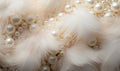 Abstract background, pearls and feathers in white and cream.