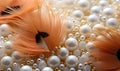 Abstract background, pearls and feathers in white and cream.