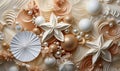 Abstract background, pearls and feathers in white and cream.