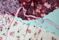 Abstract background with pile of color rich bright lace for Lingerie, panties, and bras. Delicate sophisticated glamorous elastic