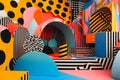 abstract background of playful convergence of 2D pop-art graphics and 3D geometric shapes creating a vibrant multiverse