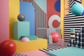 abstract background of playful convergence of 2D pop-art graphics and 3D geometric shapes creating a vibrant multiverse