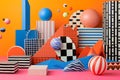 abstract background of playful convergence of 2D pop-art graphics and 3D geometric shapes creating a vibrant multiverse