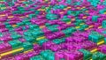 Abstract background of purple and turquoise rows of cubes with glowing texture. 3d render