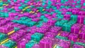 abstract background of purple and turquoise rows of cubes with glowing texture. 3d render