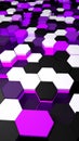 Abstract background of purple white and black hexagons with glowing neon edges Royalty Free Stock Photo