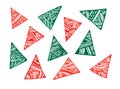 Abstract background of red and green triangles in doodle style on a white background.