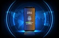 Background of round futuristic technology user interface screen hud with fingerprint login system on smart mobile phone