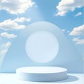 Abstract background with round podium and blue sky with white clouds. Vector illustration. Royalty Free Stock Photo