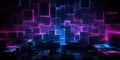 Abstract background. Pattern of neon glowing pink and blue squares in futuristic style.