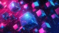 Abstract background. Pattern of neon glowing pink and blue squares in futuristic style.