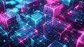 Abstract background. Pattern of neon glowing pink and blue squares in futuristic style.