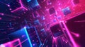 Abstract background. Pattern of neon glowing pink and blue squares in futuristic style.