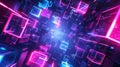 Abstract background. Pattern of neon glowing pink and blue squares in futuristic style.