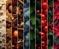 Abstract background with seasonal and winter stripes with sweets, gingerbread pieces, plants, balls and leaves. Royalty Free Stock Photo