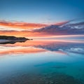 Abstract background, serene and peaceful lake, miror-like, turquoise water, warm hues sky in pink, peach and baby blue